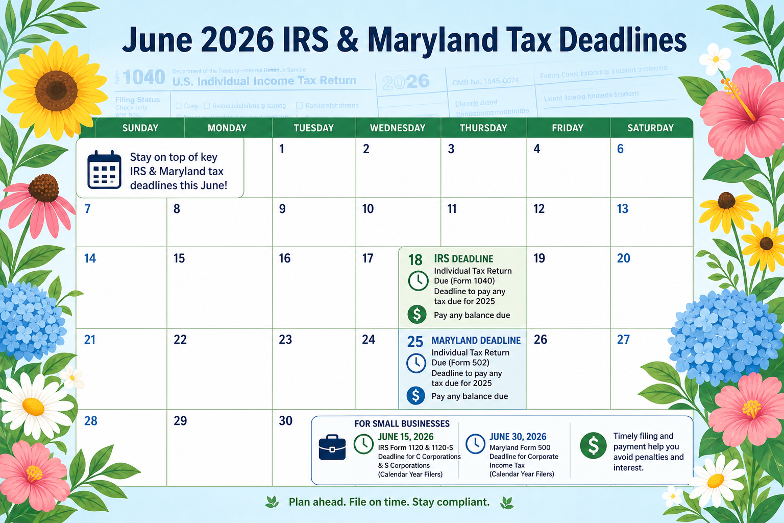 June 2026 IRS & Maryland Tax Deadlines for Individuals and Small Businesses